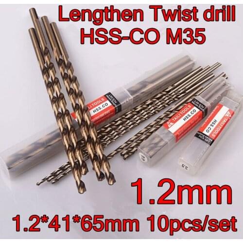 1.2*41*65mm 10pcs/set HSS CO5% M35 Containing cobalt longer twist drill Processing stainless steel and steel