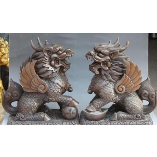 15" Chinese Bronze YuanBao Fly Kylin Chi-lin Unicorn Kirin Beast Statue Pair R0711 B0403