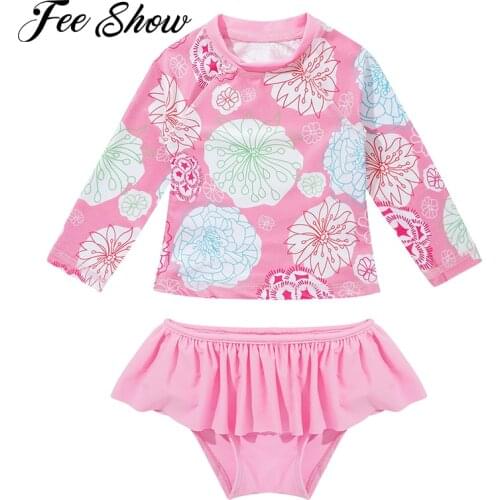 2021 Pink Kids Swimwear Children Beachwear Rashguard Set Bathing Suit Skirt Bottom Long Sleeve Shirt Top with Flower Pattern