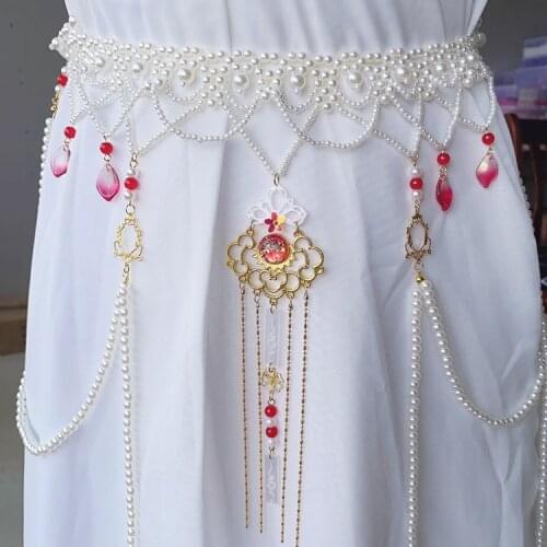 2021 chinese hanfu belt stretchable belt women elastic pearl belt dress rhinestones jeweled waist chain metal waistband