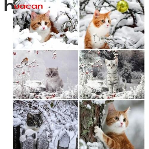 Huacan 5d Diamond Painting New Arrivals Cat Snow Mosaic Animal Winter Home Decor Embroidery Tree Wall Stickers
