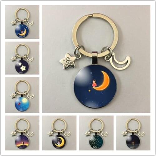 Angel star pattern glass round keychain round photo glass cabochon keychain key ring jewelry gift