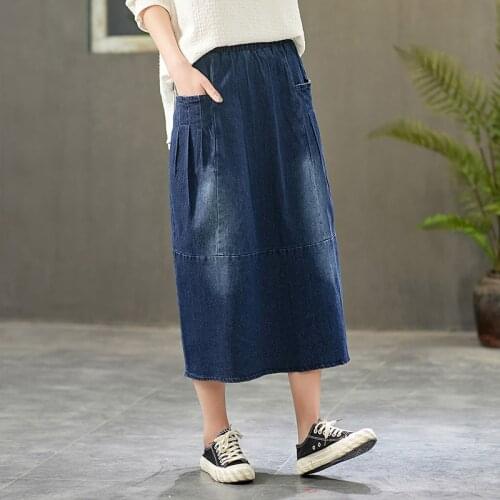 Free Shipping 2020 New Long Mid-calf Skirts Women Elastic Waist Spring Summer Denim Cortton Casual Skirts Bud Deep Blue Pockets