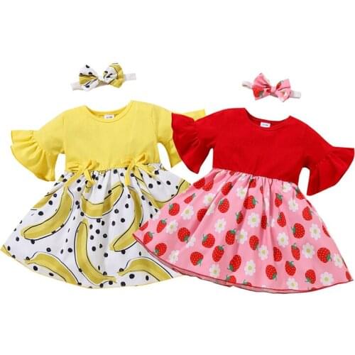 FOCUSNORM 0-3Y Lovely Baby Girls Dress Headband 2pcs Flowers Print Patchwork Flare Short Sleeve A-Line Dress