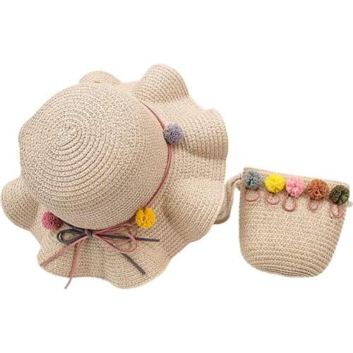 Summer Kids Girl Straw Sun Hat with Portable Handbag Sunscreen Cartoon Beach Cap Q1FA