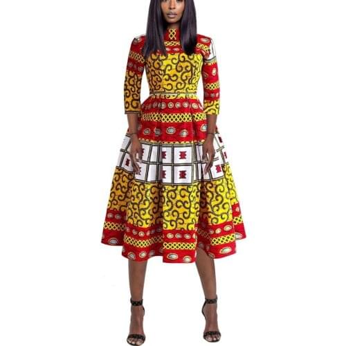Fashion Printed African Clothing Womens 3/4 Sleeve Elegant Party Dress Midi Indonesia African Dress Ladies Casual Work Wear
