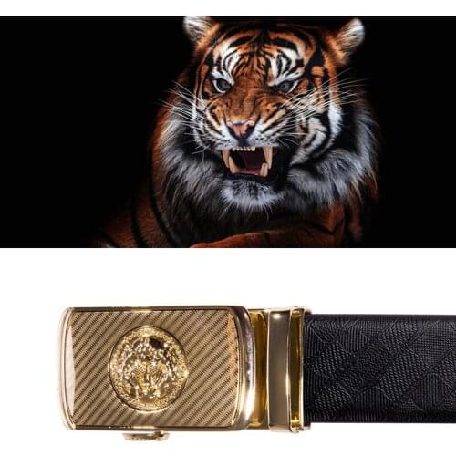 Tiger Belt Men Cowhide Belt Gold Automatic Buckle Belt Slide Ratchet Buckle Black Waist Strap No Hole Belt for Jeans Barry.Wang