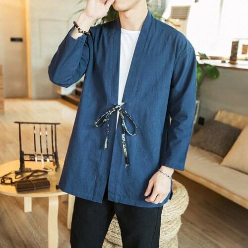 #4215 Spring Summer Cotton Linen Jacket Men Long Sleeve Black Blue Kimono Jacket Male Plus Size 5XL Loose Vintage Chinese Style