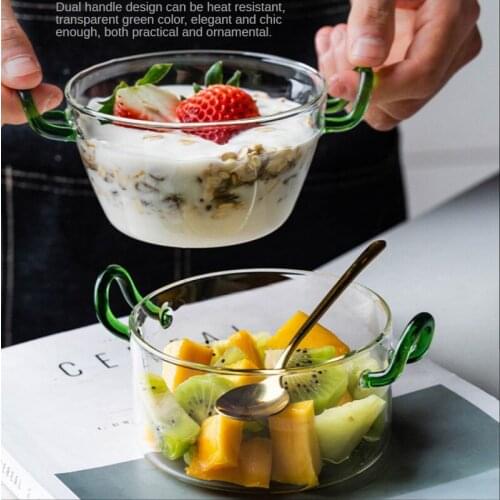500ml Glass Salad Bowl With Handle Dessert Bowl Microwave Oven Heat-Resistant Breakfast Oats Ice Cream Household Bowls