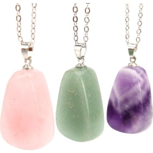 FYJS Unique Silver Plated Irregular Shape Natural Amethysts Stone Pendant Rose Pink Quartz Necklace Link Chain Jewelry