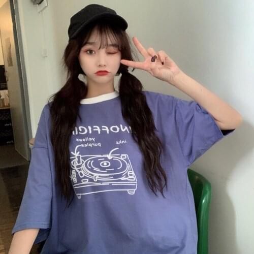 Printed round neck short-sleeved loose T-shirt top 2021 new wide round neck womens compassionate all-match