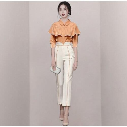 Runway Design Fashion Suit Women Autumn Temperament Celebrity Versatile Ruffle Blouse Shirt+High Waist Pencil Pants 2 Piece Set