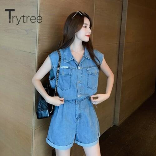 Trytree 2020 Summer Women Casual Rompers Cowboy Pockets Turn-down Collar Button Temperament Fashion Wide leg pants Rompers