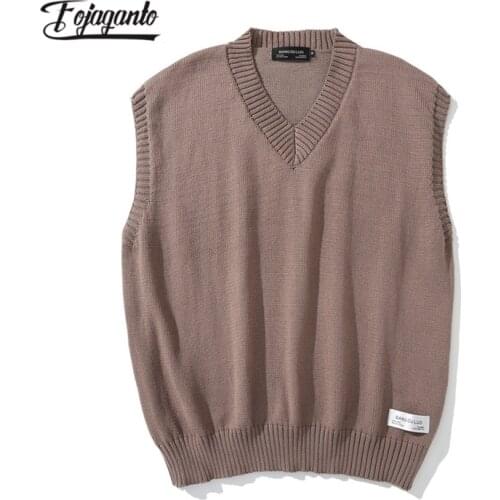 FOJAGANTO Mens Knit Vest European American Fashion Brand V-Neck Sleeveless Pullover Harajuku Street Trend Loose Knit Vest Male
