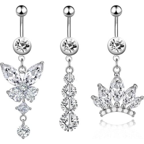 1pc Butterfly Crown Dangled Belly Navel Piercing Button Ring 14G Stainless Steel CZ Crystal Opal Ombligo Woman Body Jewelry