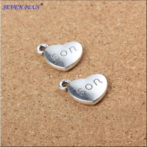 High Quality 10 Pieces/Lot 14mm*18mm Antique Silver Plated Letter Printed Son Hearts Family Charms