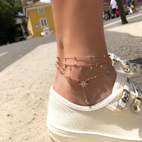 IPARAM Vintage Multilayer Crystal Pendant Anklet Bohemian Geometric Star Tassel Beach Anklet 2020 Summer Fashion Beach Jewelry