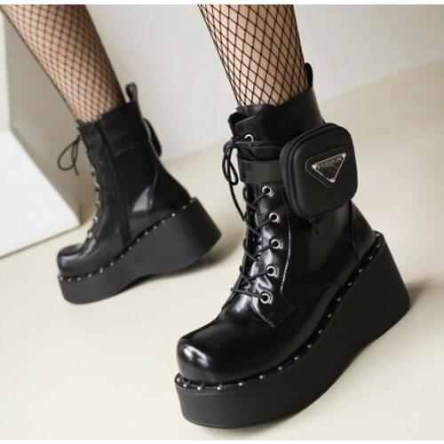 Great Quality Handmade Boots Black Short Booties with Pocket Lace up Thick Sole Ankle Boots Zipper Big Size 43