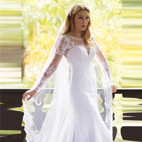 Scoop Neck Long Sleeves Mermaid Wedding Dress Lace Appliques Slim Fitted Natural Waistline Bridal Gowns Custom Online Vestidos