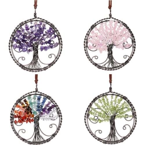 KFT 100mm Natural Chakra Stone Hanging Ornament Reiki Healing Crystal Tree of Life Wall Car Hanging Window Ornament Decoration