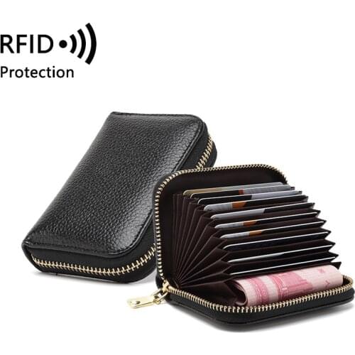 Leather Women Organ Card Case New Cowhide RFID Function Card Holder Unisex Multifunctional Zipper Small Wallet
