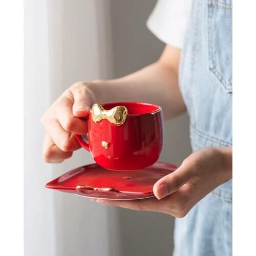 Japanese Style Creative Personality Cartoon Cat Cup Mug with Dish Spoon Ceramic Gold Afternoon Tea Coffee Cup Breakfast Milk Cup