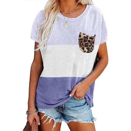 Leopard Stripe T Shirt Women Casual Patchwork Top Tee Summer Ladies Short Sleeve O Neck Simple T-shirt Camisetas De Mujer