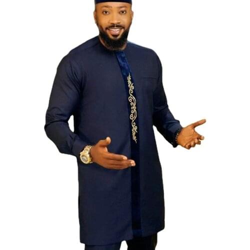 Mens Dashiki Mid-length Shirt Casual Printing Stitching African Mens Shirt Muslim Long-sleeved Fashion T-shirt Chilaba Man 2021