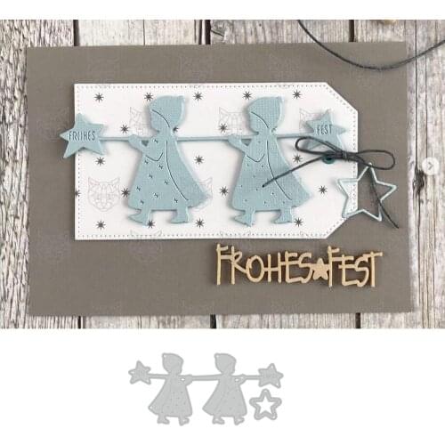 German Frohes Fest Stars Boy Girl Metal Cutting Die Stencil Template for DIY Embossing Paper Gift Card Making Dies Scrapbooking