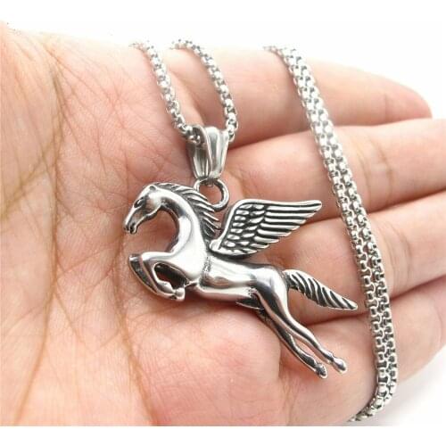 Mens Unisex Flying Horse Pegasus Pendant Necklace Amulet Stainless Steel