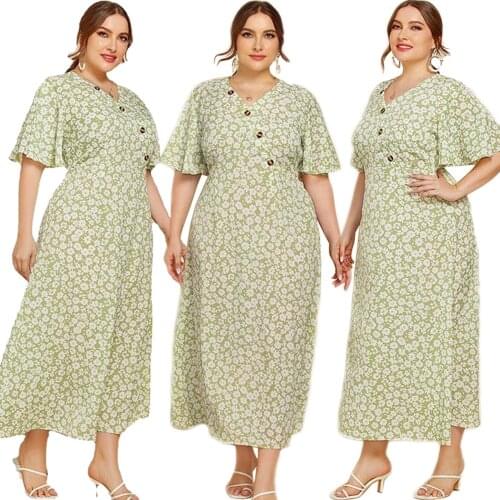 Plus Size Summer Floral Print Long Dress Women Buttons Casual Loose Arab Abaya Vestido Short Sleeve V-neck Maxi Robe Clothing