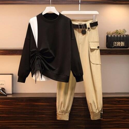 Plus size women casual streetwear two piece sets spring 2021 new sweatshirt patchwork pullover top and pants suit matching suit