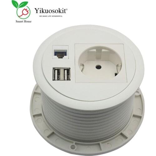 Furniture Round SCHUKO EU Plug Desktop Power Socket 5V 2.1A 2 USB Charging Port RJ45 Network
