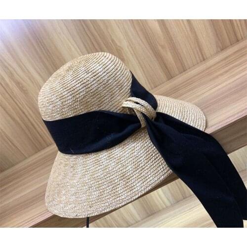 01902-axi black ribbon summer natural paper handmade big brim leisure beach lady bucket cap women holiday hat