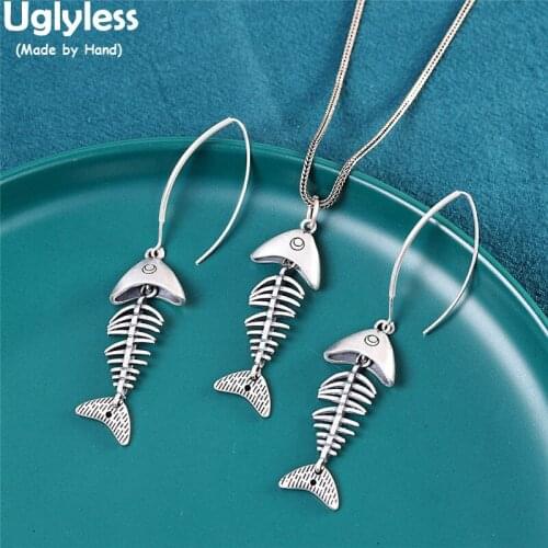 Uglyless Creative Skull Fishes Jewelry Sets for Women 999 Full Silver Fish Bones Earrings Pendants Necklaces NO Chains Animals