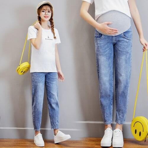 Vintgae Washed Denim Maternity Jeans for Pregnant Women Elastic Waist Belly Loose Pants Pregnancy Gravidas Clothing