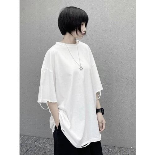 Ladies summer new round collar short sleeve rip hip hop high street style loose large casual short sleeve T-shirt