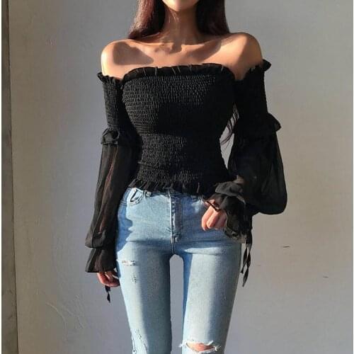 Solid Color Pleated Bow Fashion Women Ladies Long Sleeve Off Shoulder Cropped Tops Blouse Shirt Lace Up Corset White/Black