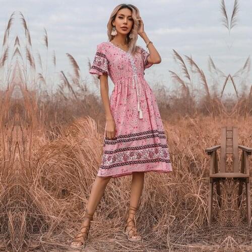 2021 Womens Summer Floral Dress Midi Short Flare Sleeve V-Neck Dress Elastic Waist Elegant Ladies Boho Beach Vacation Clothing