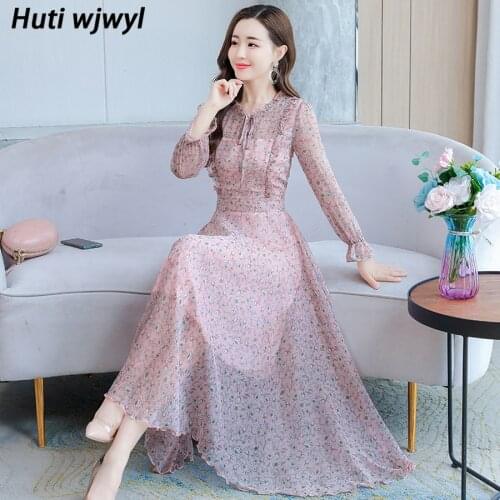 2021 Autumn Vintage 3XL Plus Size Korean Dress Boho Printed Chiffon Long Sleeve Beach Maxi Dress Elegant Female Bodycon Vestidos