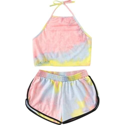 2Pcs/Set Summer Women Tie Dye Halter Suit Sleeveless Backless Crop Top Shorts