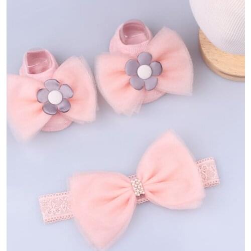 2 Pcs/Set Cute Baby Girl Headband Socks Set Lace Flower Bows Crown Newborn Headbands Girls Hairband Turban Baby Hair Accessories