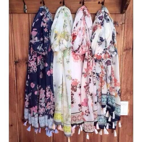 2015 Women Floral Tassel Scarf Flower Tassel Cotton Voile Scarf Shawls Wraps 4Colors 10pcs/lot