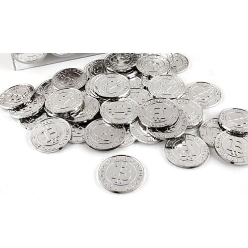 50pcs 2016 plastic Bitcoin BTC coin SILVER pirate treasure gold coins props toys for Halloween party cosplay kids fun for hours