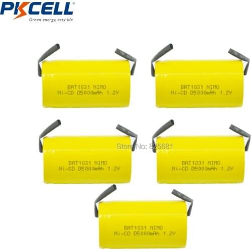 5pcs PKCELL NiCd 1.2V Rechargeable Batteries D 5000mAh NI-CD Rechargeable Battery Flat Top With Welding piece for electric bike