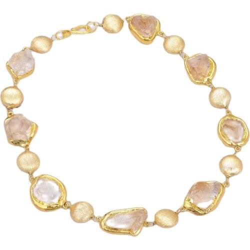 GG Jewelry Natural Citrines Raw Rough Nugget Pave Gold Color Plated Edge Brushed Bead Choker Necklace 21" For Women Gift