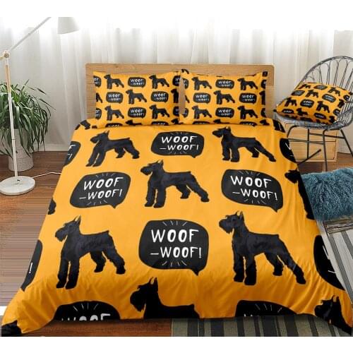 Schnauzer Dog Duvet Cover Set Black Schnauzer Woof Bed Set Yellow Bedding Kids Boys Girls Cartoon Dogs Quilt Cover 3PCS Dropship