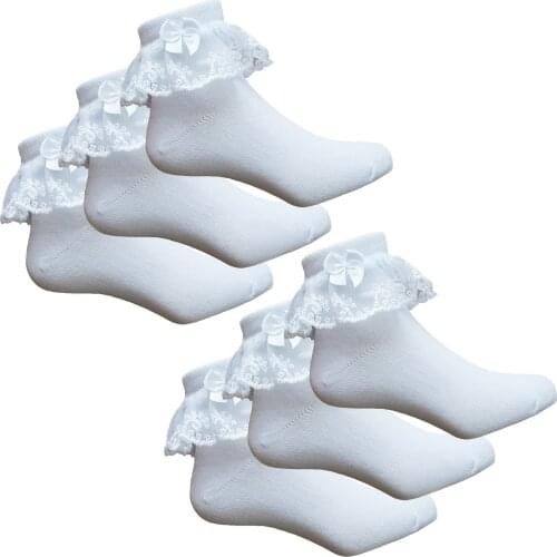 Juzzae Kids Girls White Frilly Cotton Rich Ankle Socks Lace Top Ballet Dance School Socks With Bows