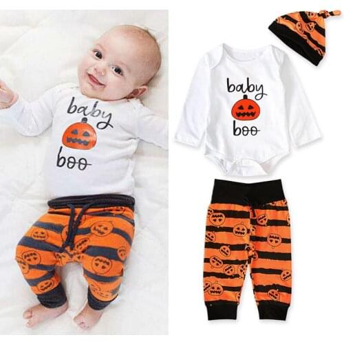 Halloween Costume Winter New Baby Clothes Cute Fancy Outfit Long Sleeve Boys Girls Bodysuit Pumpkin Pants + Hat Set For Kids