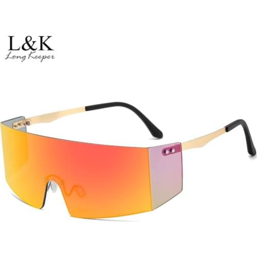LongKeeper Fashion Rimless Sunglasses Women Men 2020 One Lens Flat Top Glasses Oversized Sun Glasses Female Mirror Goggle UV400